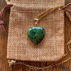 Gold plated Ruby Zoisite Crystal Heart with gold plated Stainless Steel Chain